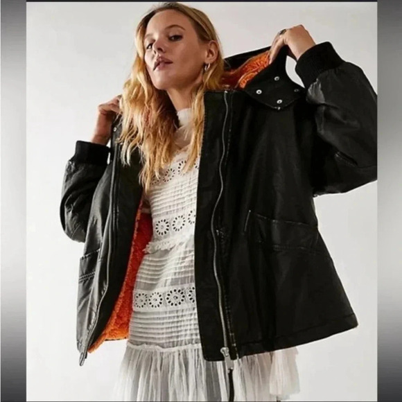 New Free People Moxy Trapeze Vegan Leather Bomber Jacket Coat Black - Picture 6 of 10
